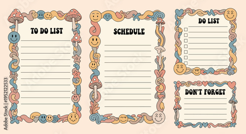 Retro aesthetic planner template with sections for schedule and to-do lists decorated with psychedelic mushrooms and smiley faces.