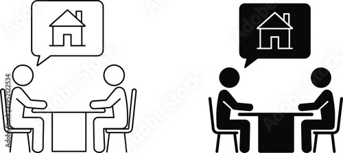 Real estate consultation icon, property discussion meeting symbol, home buying advice concept, realtor client service vector illustration isolated