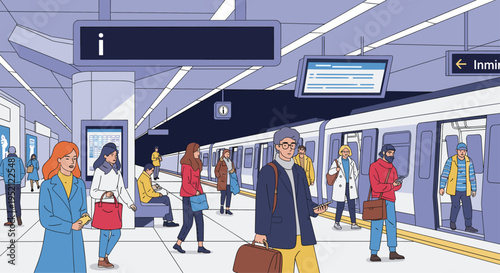 Commuters waiting for a train at a modern underground subway station platform with informational signs and digital displays.