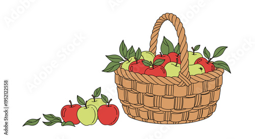 Hand-drawn woven wicker basket overflowing with fresh red and green apples including some scattered on the ground.