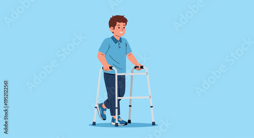 Young boy with a smiling expression using a medical walker for assistance while walking against a solid blue background.