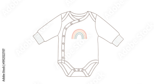 Simple sketch of a long-sleeved baby bodysuit featuring a small pastel rainbow graphic on the chest against white background.