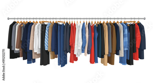 Extensive clothing rack filled with a diverse assortment of shirts, jackets, dresses, and coats in various colors and styles.