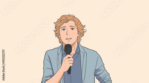 Young man stands on stage and speaks into a microphone during a performance or presentation in a simple setting with a light background