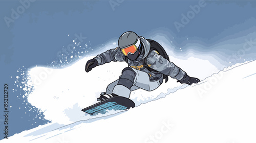 Snowboarder rides down a snowy slope at a mountain resort in wintertime during bright daylight hours