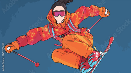 Skiing on a blue background with a person in orange gear and goggles performing a jump in winter sports