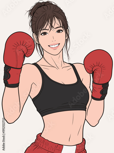 Smiling woman in boxing gloves poses confidently for a photo in a gym setting during the daytime