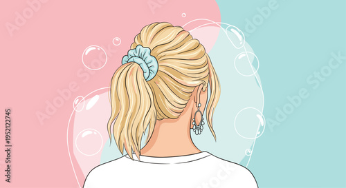 Back view of a woman with blonde wavy hair styled in a ponytail with a light blue scrunchie against a pastel background.