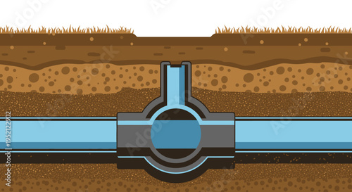 Cross-section view of underground plumbing system with flowing water