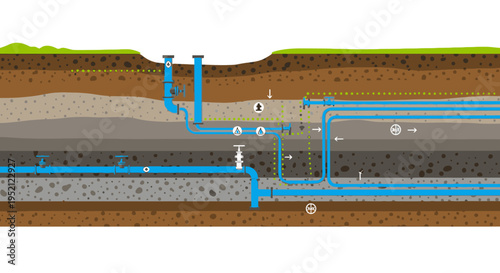 Cross-section illustration of underground water pipes and strata, detailing supply and drainage systems