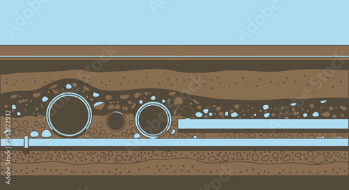 Subsurface infrastructure showing water pipes and drainage systems beneath the ground