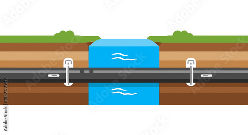 Cross-section of a water pipe passing under a riverbed with intact containment system
