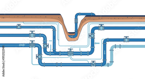 Complex network of pipes and valves with a cross-section of the ground above, illustrating underground infrastructure and water systems