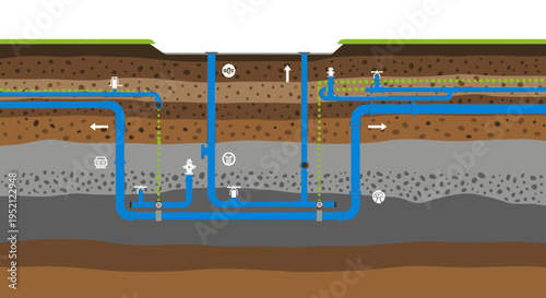 Cross-section illustrating underground utility pipes and water system for infrastructure development