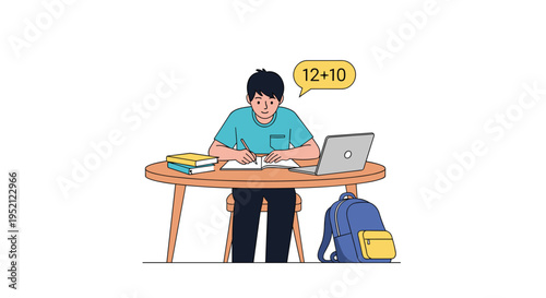 Young boy concentrated on his homework at a desk with a laptop, books, and a math thought bubble.