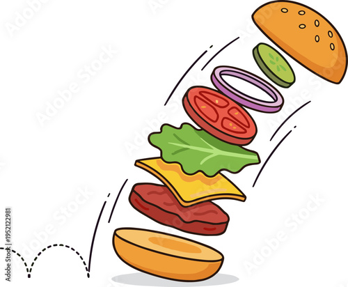 A colorful illustration of a burger being assembled with ingredients flying up