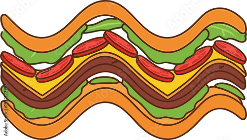 A mouthwatering sandwich with layers of meat cheese lettuce and hotdogs on a table indoors.