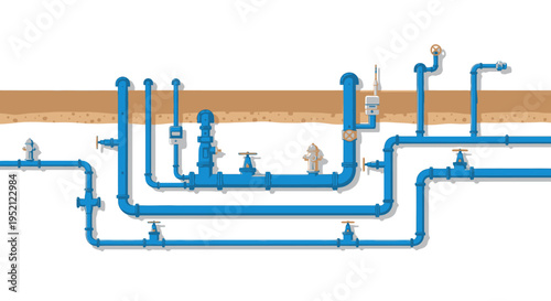 Detailed illustration of a complex underground water pipe network with valves and meters