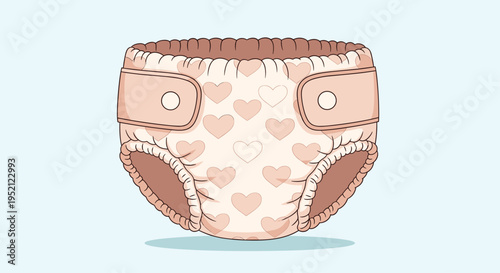 Soft baby diaper featuring a pattern of cute pink hearts and adjustable tabs against a light blue background.