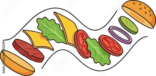 A vibrant illustration of various fast food items arranged on a wavy line.