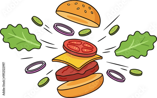 A hamburger with cheese, tomato, lettuce, and onion flying apart in mid-air with ingredients scattered around