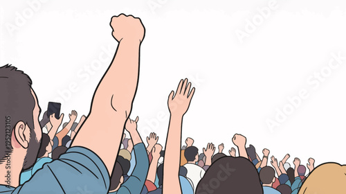 Crowd raises hands at a rally in a city park during the day to express their views on social issues