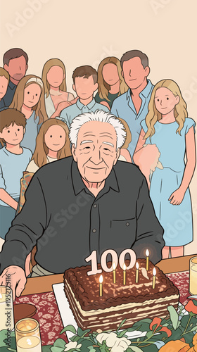 Celebration of a man turning 100 years old with family and cake in a bright room filled with joy and love