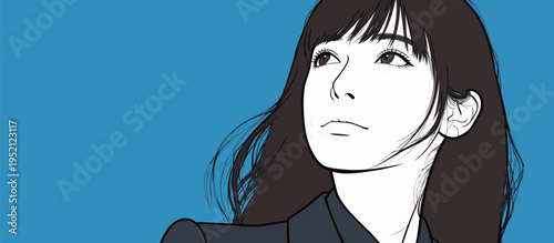 Girl with black hair looking up on a blue background during daylight hours