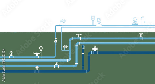 Industrial piping system with valves and gauges, illustrating fluid transport and infrastructure