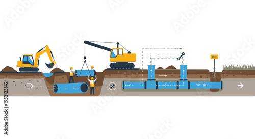 Construction Workers Installing Large Blue Pipes Underground with Excavator and Crane