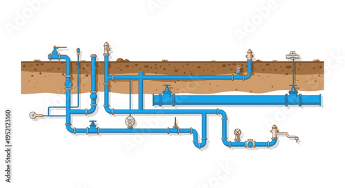 Underground water pipeline system with valves, meters, and hydrants, illustrating municipal water distribution infrastructure