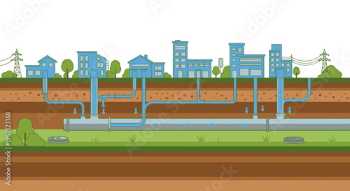 Water system infrastructure below a city with houses and industrial buildings