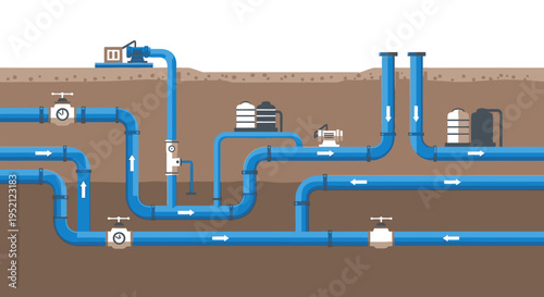 Subterranean plumbing network illustration depicting water distribution and infrastructure