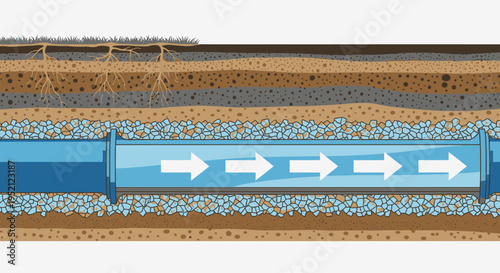 Cross-section view of an underground water pipeline with water flow indicated by arrows