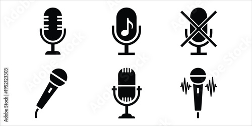 Microphone icons set with various styles and symbols