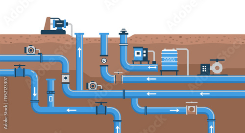 Illustration of an underground water distribution system with pipes, valves, and pumps