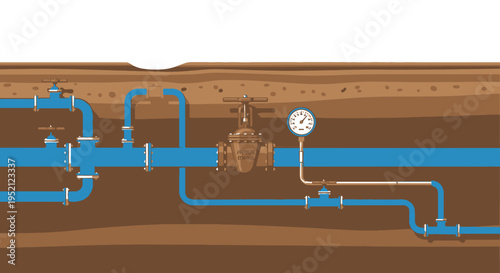 Diagram illustrating a complex network of pipes and valves, with a pressure gauge showing water flow and regulation
