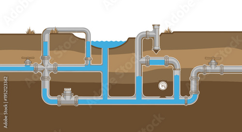 Diagram illustrating a complex underground water pipe system with varying water levels and connections