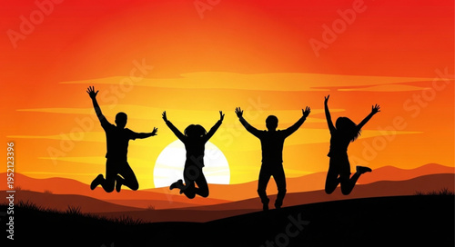 Four friends jumping for joy at sunset.