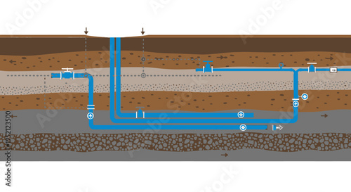 Diagram illustrating underground water extraction and distribution system with multiple wells and pipelines