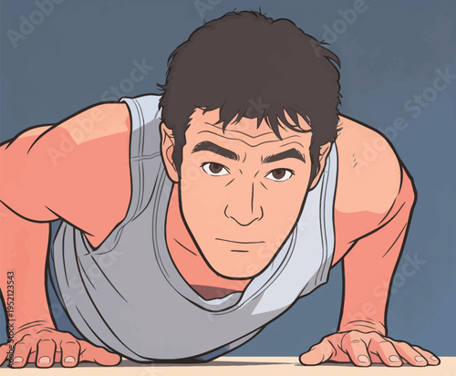 Man doing push-ups indoors with focus on fitness and exercise routine at home in the afternoon