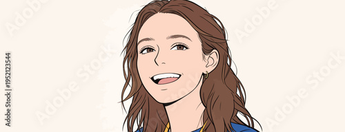 Young woman smiles while wearing a blue outfit and looking casual in a simple setting