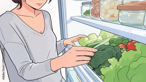 Woman selects fresh vegetables from a refrigerator in a kitchen during the day while preparing for a meal with healthy ingredients