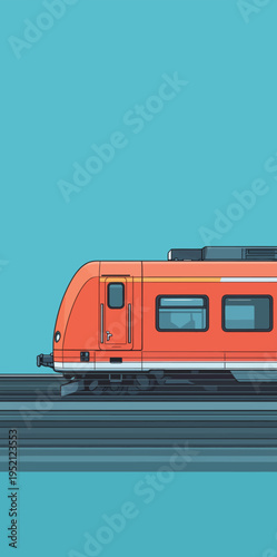 Bright orange train moves swiftly on dark tracks against a light blue background in an urban setting during daytime