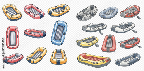 Collection of colorful inflatable rubber boats for water sports and recreation, isolated on transparent background.