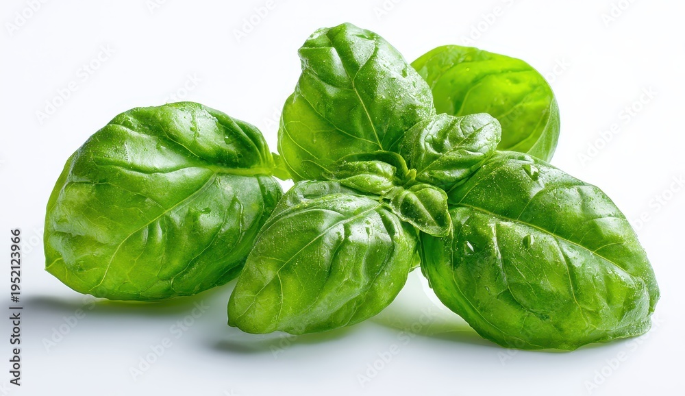 Fototapeta premium Fresh Basil Leaves - Vibrant Green Herb on White Background, Culinary Ingredient.
