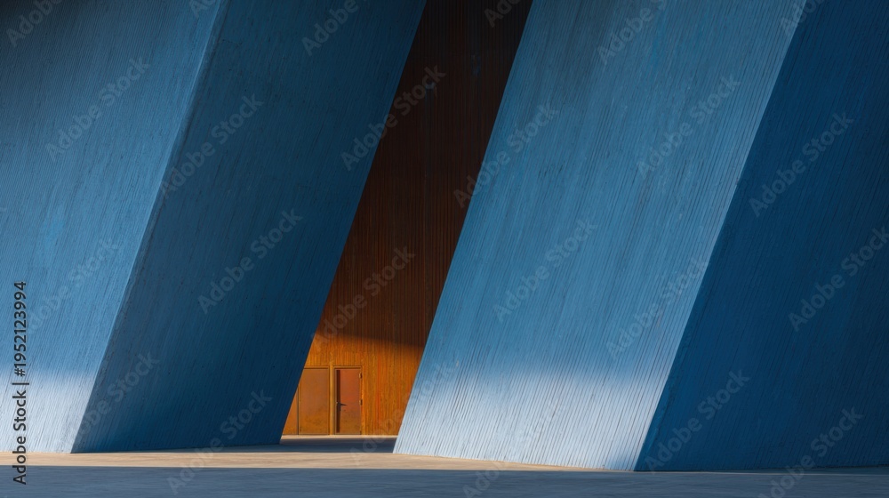 Obraz premium Abstract Brutalist Concrete Structure with Blue Facade Planes and Orange Rust Details in Gallery Interior Setting for Artistic Branding and Architectural Background