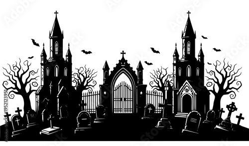 Gothic cemetery silhouette with medieval gate crypt and tombstones Halloween graveyard vector