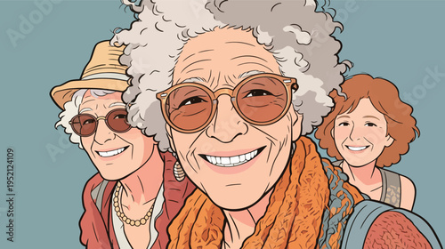 Three older women smiling and enjoying time together while walking in a casual setting during a sunny day