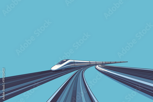 High-speed train travels along curved tracks under blue sky
